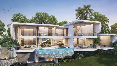 A futuristic white villa with rounded architecture and a large pool, surrounded by trees.