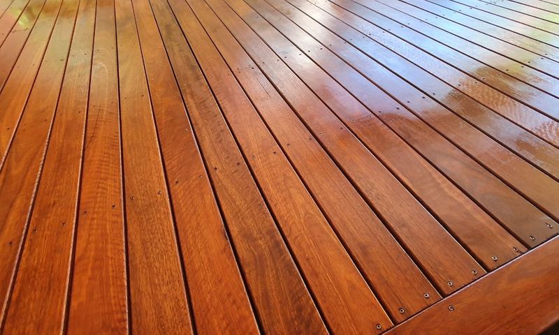 Close-up of a polished hardwood deck in Thailand.