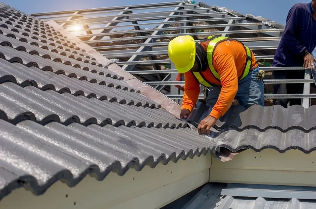 Workers installing tiled roofing on a house under the sun.